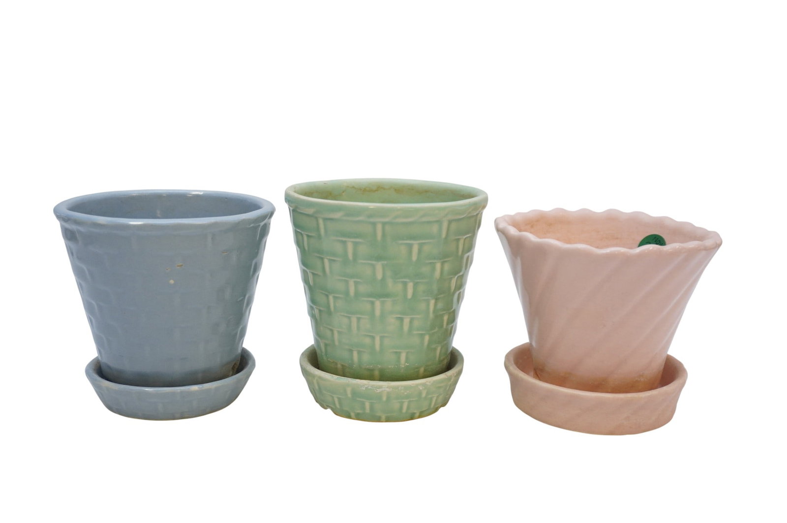 3 VINTAGE MORTON AND CAMARK FLOWER POTS: 3 Vintage Morton and Camark Flower Pots. Largest is green which measures 4.75" x 4.5" dia. Weighs 3 lbs 9 oz. **In house shipping available on this lot**