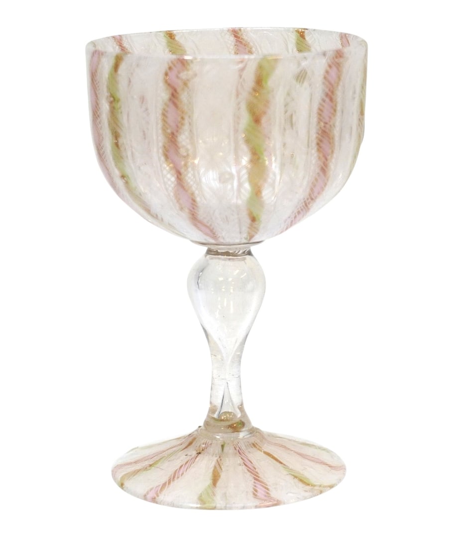 MID CENTURY VENETIAN LATTICINO MURANO GLASS: Mid Century Venetian Latticino Murano Aventurine Glass Measures 2.75"x4 1/2". Weight 4 oz. **In house shipping available on this lot**
