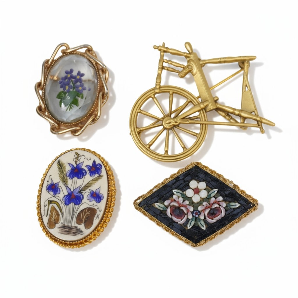4 VINTAGE BROOCHES MID CENTURY: 4 Vintage Brooches. Includes Micro Mosaic, Painted Crystal, Painted/Carved Bone, and Historic Museum of Deerfield, MA Spinning Wheel. Largest is spinning wheel which measures 2". Total lot weight is 1