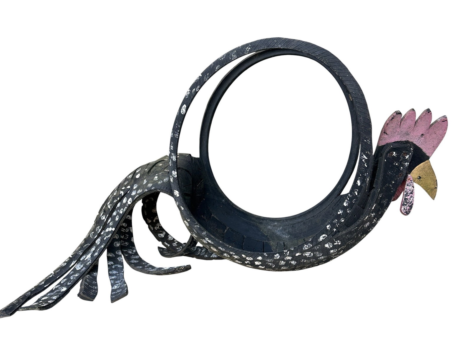 FOLK ART ROOSTER UPCYCLED TIRE PLANTER: Vintage Folk Art Rooster Upcycled Tire Planter. Measures 42" long 22" tall 11" wide. Weighs 10 lbs. **In house shipping available on this lot**