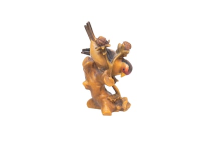 ANRI WOOD CARVING BULLFINCH ON THISTLE BRANCH