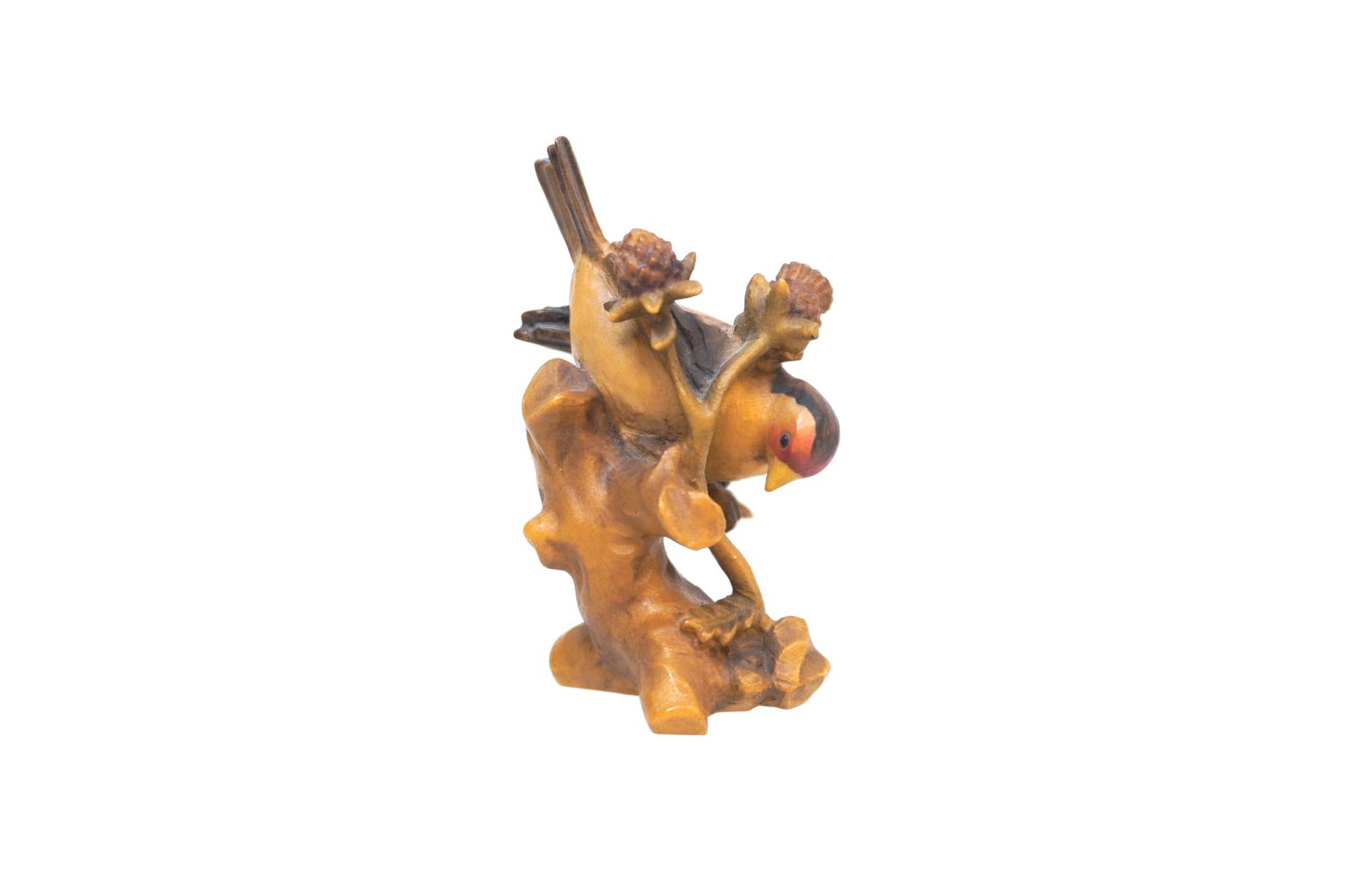 ANRI WOOD CARVING BULLFINCH ON THISTLE BRANCH: Anri Wood Carving Bullfinch on Thistle Branch. Measures 3" x 2" and weighs 0.7 oz. **In house shipping available on this lot**