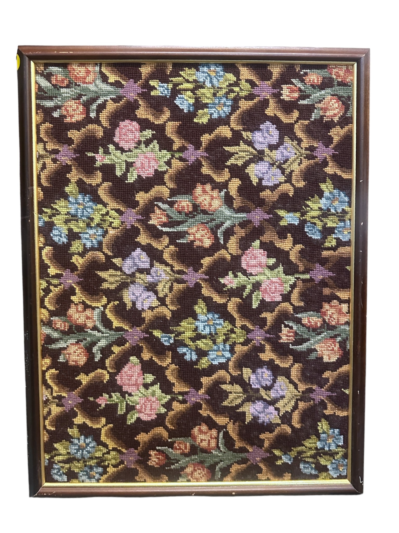 VINTAGE HANDMADE FLORAL NEEDLEPOINT FRAMED WALL ART (1 of 1)