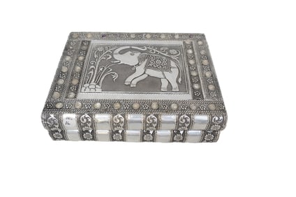VINTAGE ORNATE INDIAN EMBOSSED METAL JEWELRY BOX