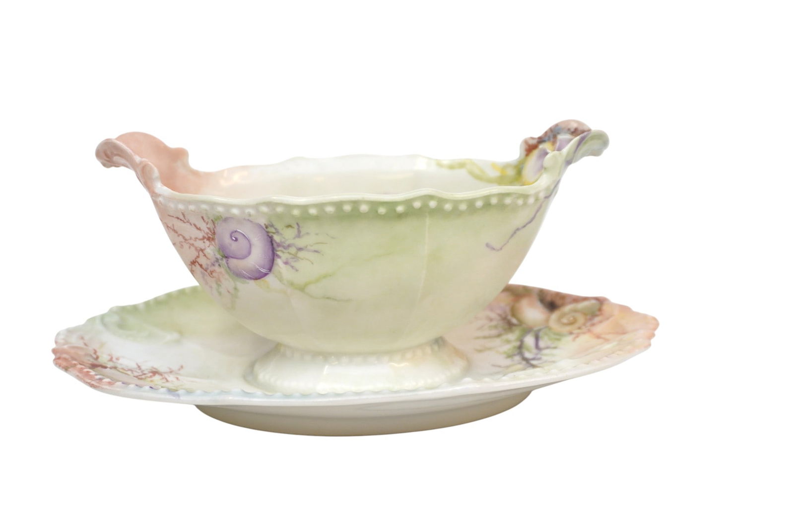 ANTIQUE ELITE LIMOGES SAUCE BOAT: Antique Elite Limoges Sauce Boat with Hand Painted Shells & Seaweed. Measures 9"x6"x4". Weight 1 lb 2 oz. **In house shipping available on this lot**