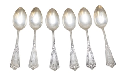 6 ANTIQUE STERLING SILVER WHITING 1865 IVY TEASPOONS