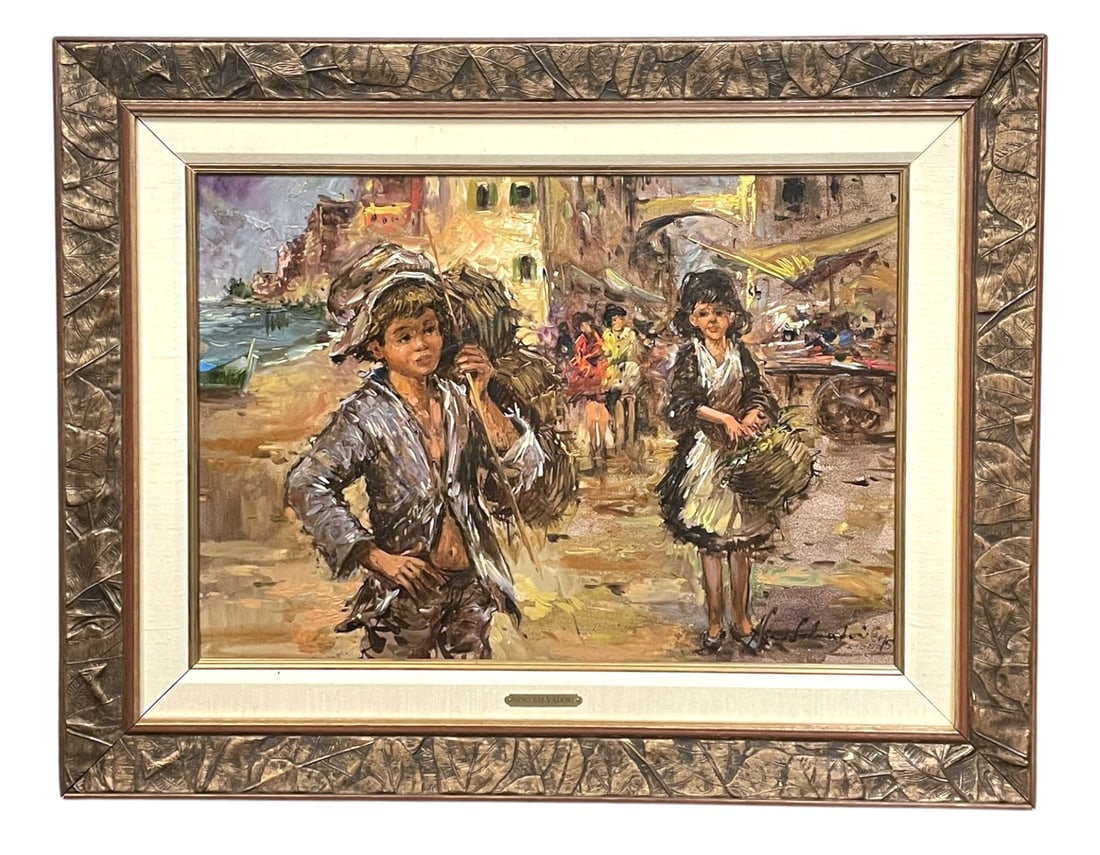 NINO SALVADORI MID CENTURY OIL CHILDREN AT MARKET: Nino Salvadori aka Nino Salvadori Esposito, Italian, born 1918, an oil painting on canvas c. 1960-70 depicting children at the market. In carved mid century frame with linen liner.. Measures 36 1/2"x2