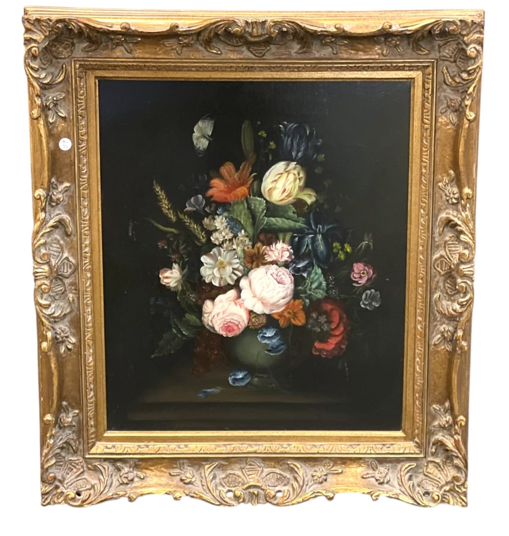 DUTCH STYLE OIL ON CANVAS STILL LIFE: 20th c. Dutch Style Oil on Canvas Still Life signed lower right L. JuDy in ornate carved frame. Measures 28"x32"x3". Weight 13 lbs **In house shipping available on this lot**