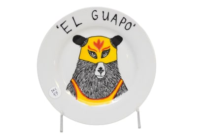 EL GUAPO HAND PAINTED BEAR WRESTLING PLATE