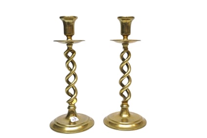 PAIR ANTIQUE ENGLISH BRASS BARLEY TWIST CANDLESTICKS