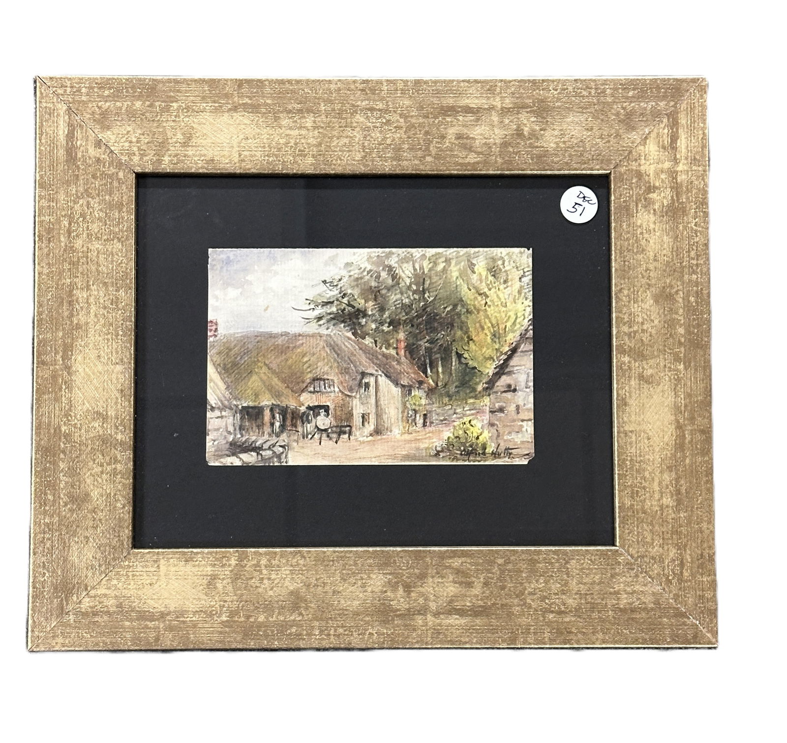 ALFRED HUTTY WATERCOLOR FARM YARD: Small Alfred Hutty "Farm Yard" Watercolor on Paper 4 1/4" X 6 1/2". Framed. In frame measures 11.50" x 13.50" x1". Weight 2 lbs 6 oz. .Alfred Heber Hutty (September 15, 1877 ? June 27, 1954) was a 20t