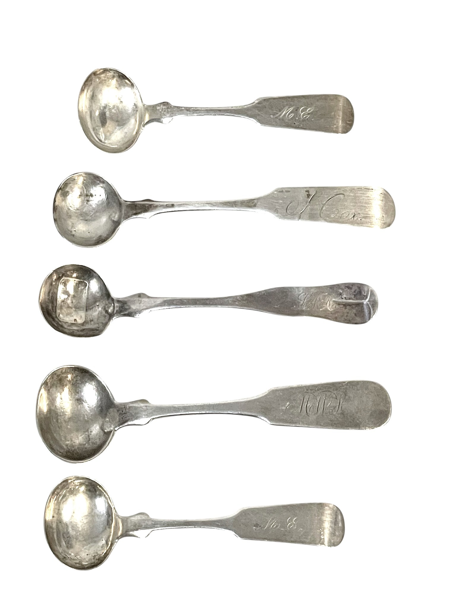 5 ANTIQUE AMERICAN COIN SILVER MASTER SALT & CONDIMENT SPOONS (1 of 1)