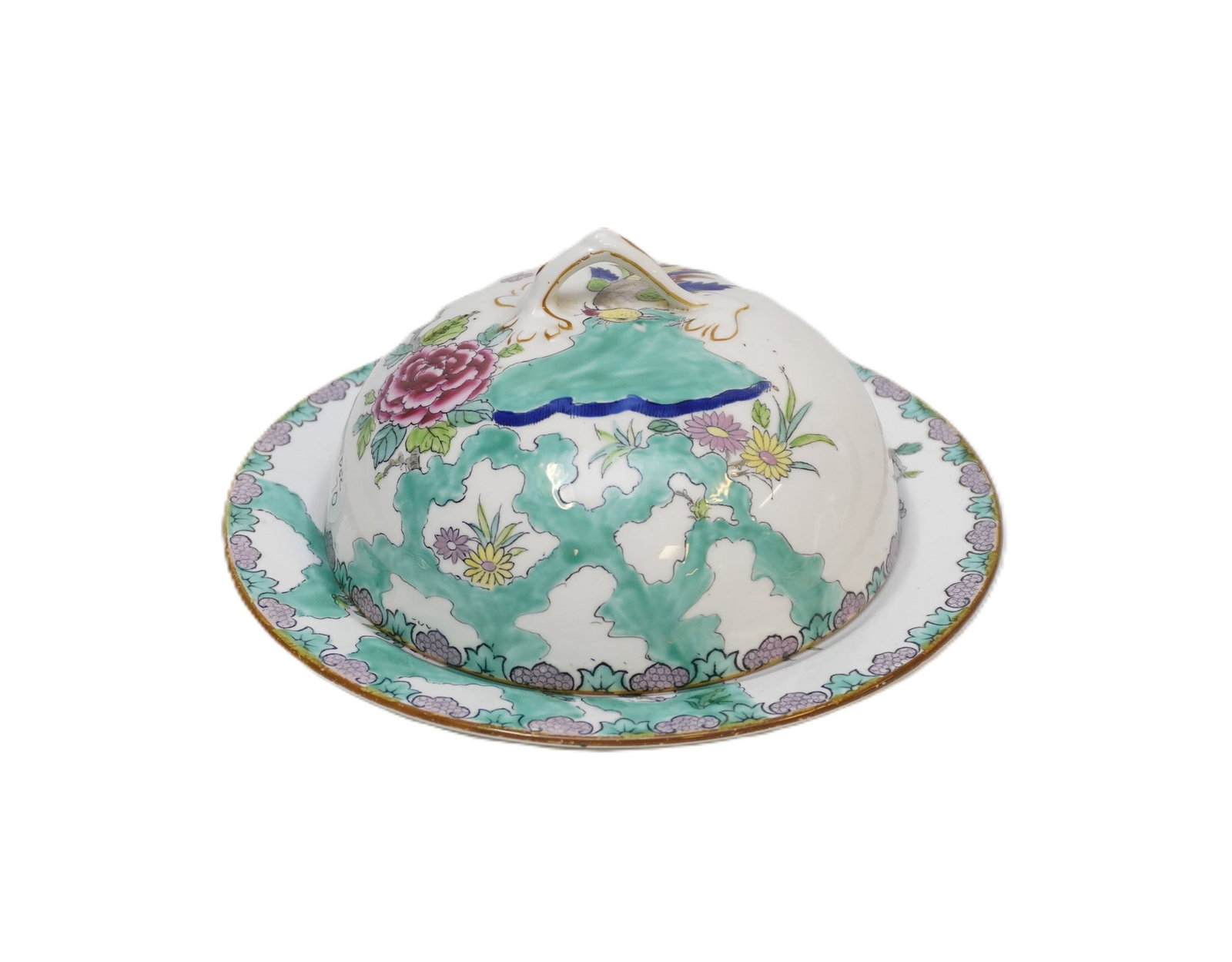 CROWN STAFFORDSHIRE ROCK BIRD COVERED BUTTER: English Crown Staffordshire Rock Bird Covered Butter. A Chinoiserie Pattern of Birds, Flowers On Aqua Vine Background. Measures 8 3/4"x5". Weight 1 lb 13 oz. PROVENANCE: The Perrin family, of French H