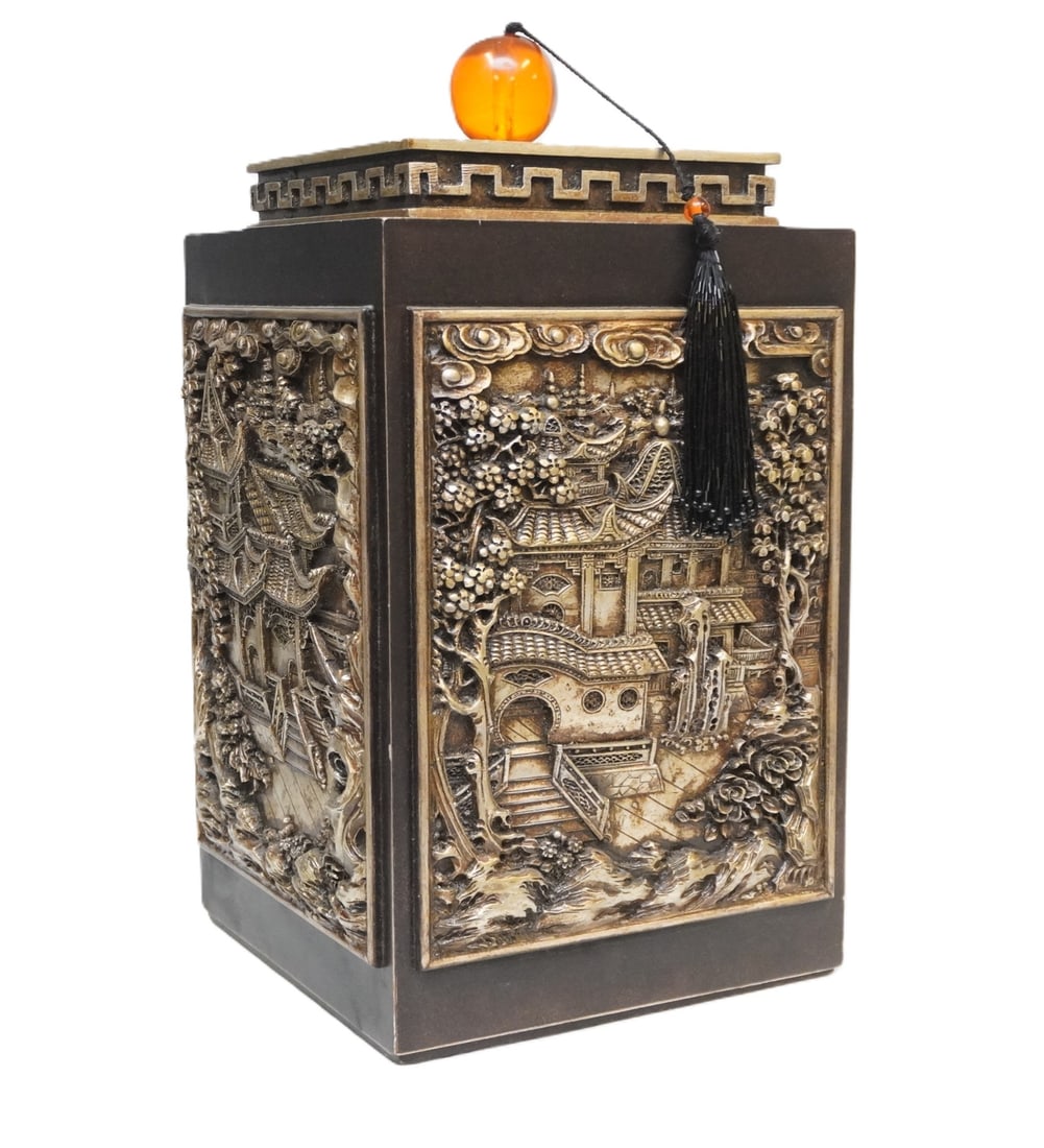 LARGE CARVED ASIAN SQUARE CANISTER: Large Carved Asian Lacquer Canister. Measures 10"x10"x19" Weight 14 lbs. **In house shipping available on this lot**