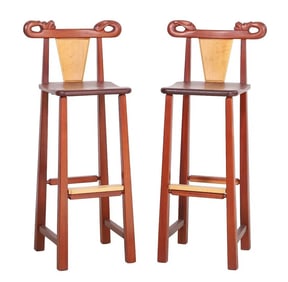 PAIR CARVED CHINESE ELM WOOD BARSTOOLS