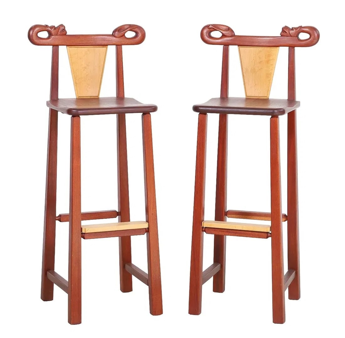 PAIR CARVED CHINESE ELM WOOD BARSTOOLS: Pair Chinese carved elmwood barstools, dragon at crest, pinned seat, 43"h x 14"w x 15"d, seat height 32"h, one seat with staining **In house shipping available on this lot**