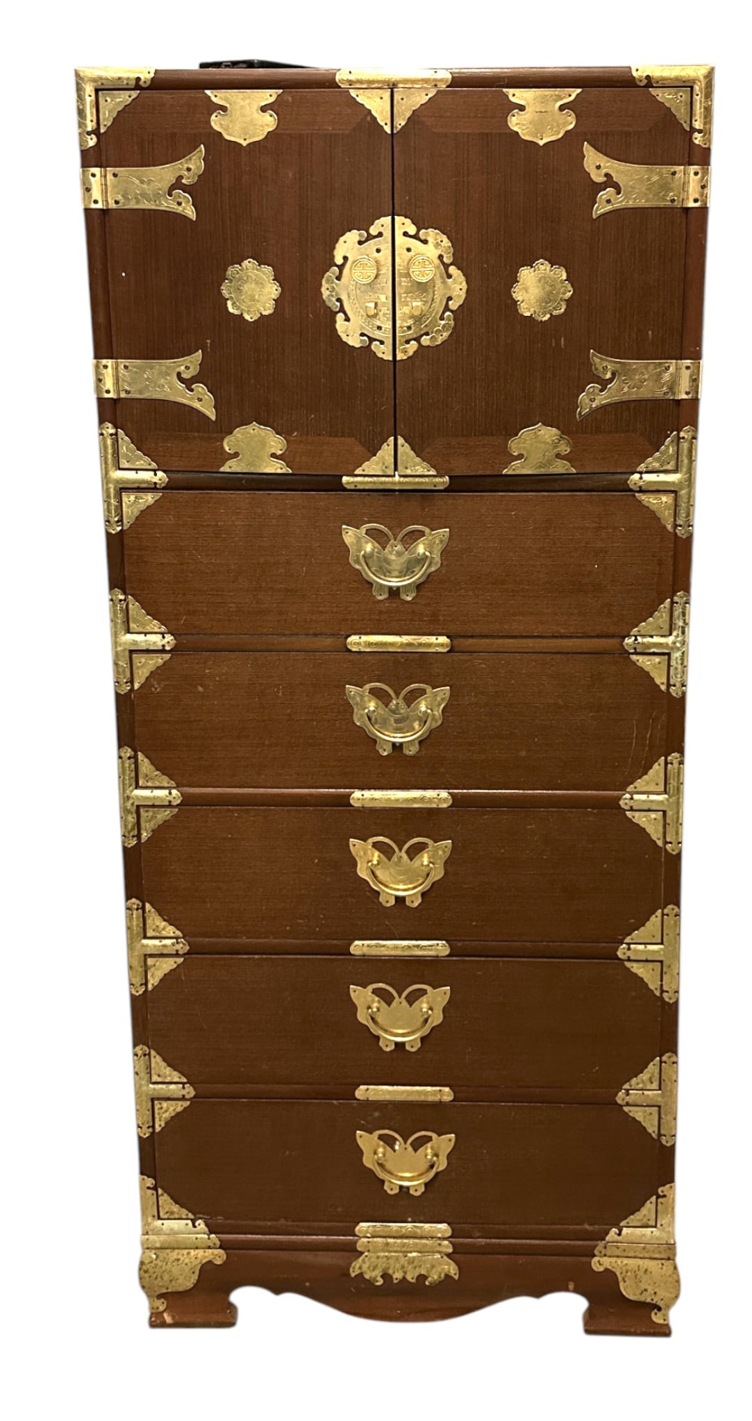 TONSU JEWELRY / LINGERIE CHEST: Tonsu burlwood jewelry / lingerie chest having 2 door over 5 drawers. Doors open to reveal a 4 drawer interior. Brass butterfly bail handles and scrolling designed metal accenting. Measures 52"x22"x16