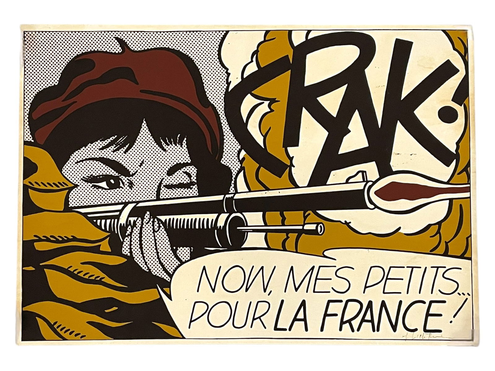 SIGNED ROY LICHTENSTEIN CRAK LITHOGRAPH: Roy Lichtenstein (American: 1923-1997) Offset lithograph in colours on lightweight wove paper titled"Crak!" Date: 1963/1964. Hand Signed in pencil to lower right. Published by Leo Castelli Gallery, Ne