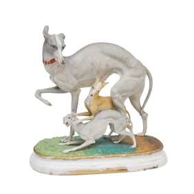 LARGE ANTIQUE PORCELAIN GROUP WHIPPET / ITALIAN GREYHOUNDS