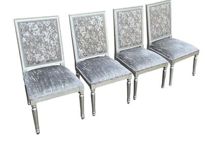 4 Louis/ French Provincial Style distressed silver dining chairs w. luxe upholstery