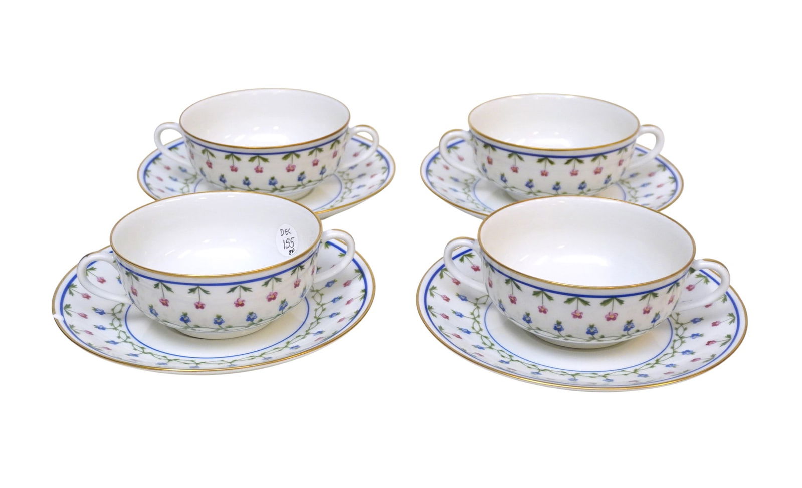 8 PC RAYNAUD LIMOGES CERALENE LAFAYETTE CREAM SOUP & SAUCERS: Eight (8) Piece A. Raynaud & Co., Limoges France, Ceralene Lafayette 4 Cream Soup Bowl & Saucer Sets.Bow;;s 2"x4 1/2" Saucers 7 1/8". Weight on all 3 lbs. 11 oz. **In house shipping available on this