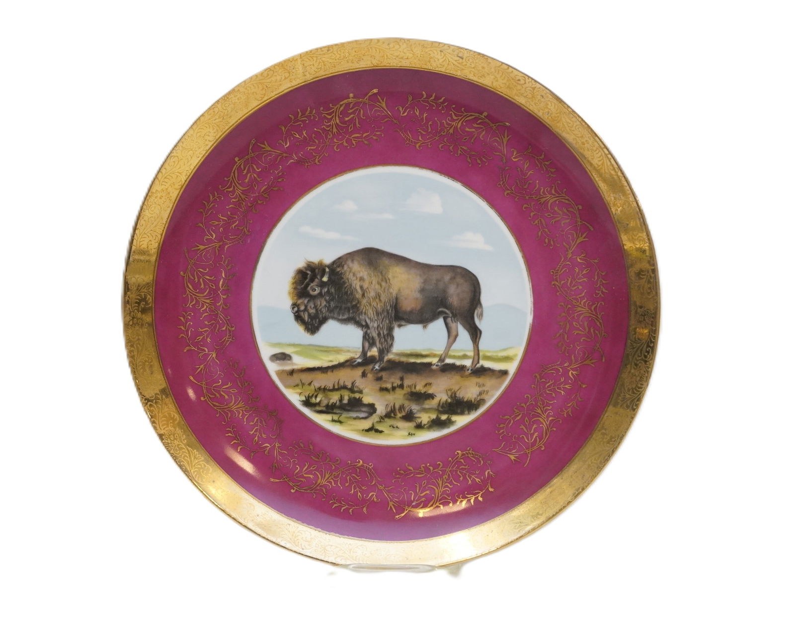 VINTAGE BUFFALO PLATE WITH 22K GOLD RIM: Vintage 1970s Hachiya Brothers Buffalo Plate with 22 kt gold rim. Measures 10.5"x10.5". Wt 1 lb 9 oz