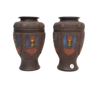 PAIR OF ANTIQUE TOKANABE FIRE ROOSTER JAPANESE VASES