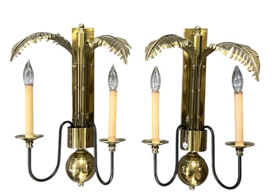 HOLLYWOOD REGENCY HART BRASS PALM TREE LIGHT SCONCES