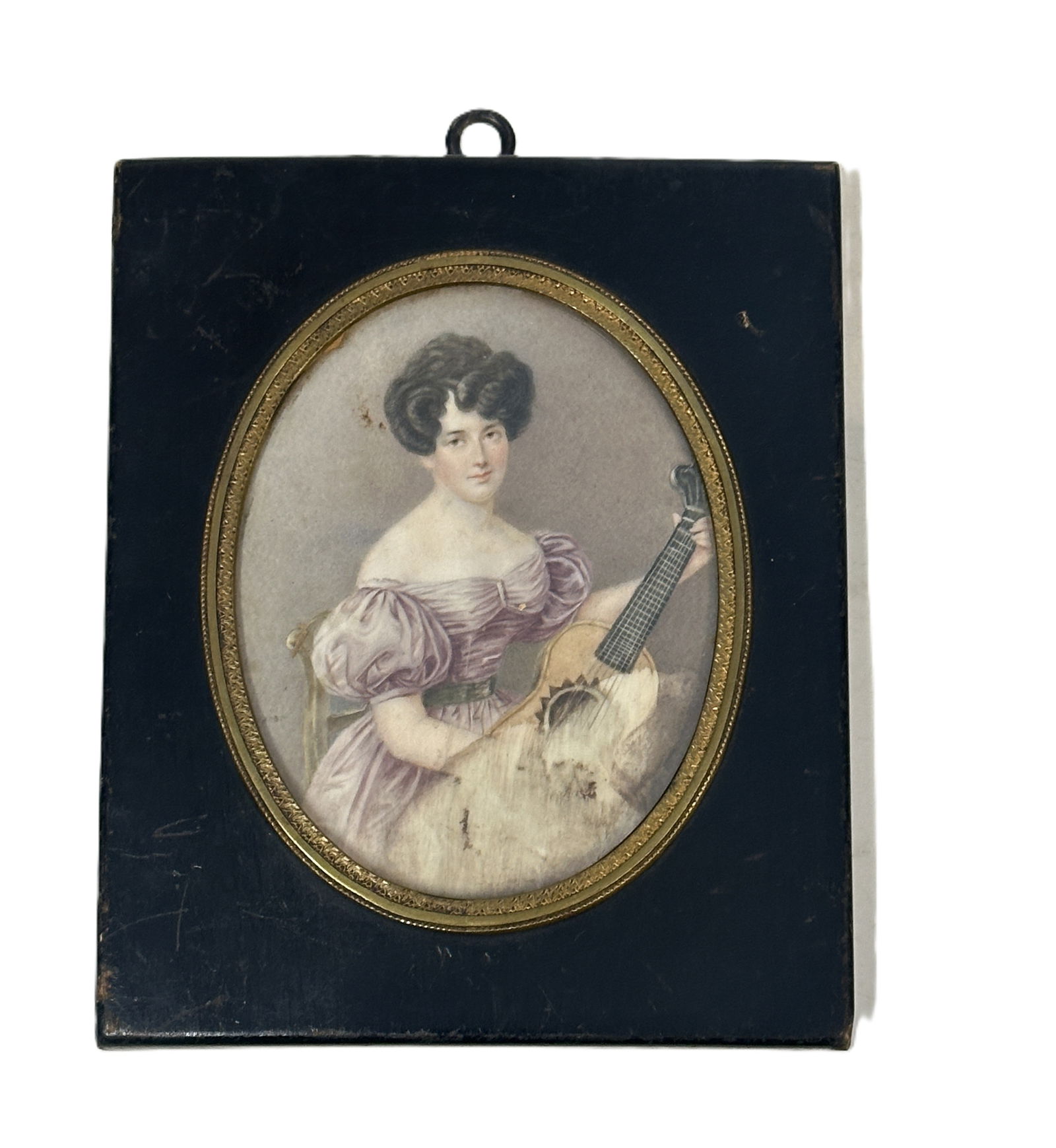 HAND PAINTED PORTRAIT MINIATURE LADY WITH GUITAR (1 of 2)