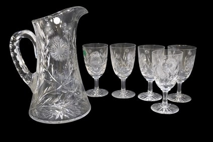 6 PC AMERICAN BRILLIANT CUT PITCHER & GLASSES