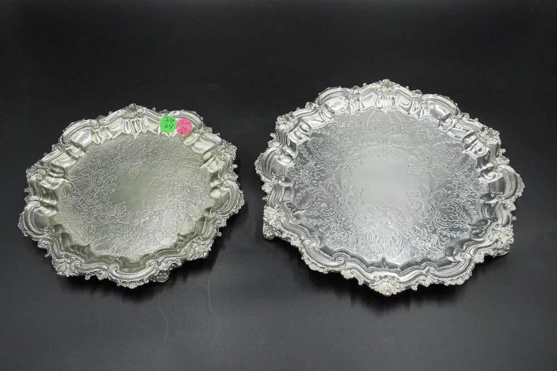 PAIR 19th c SILBER & FLEMING LONDON FOOTED TRAYS (1 of 2)
