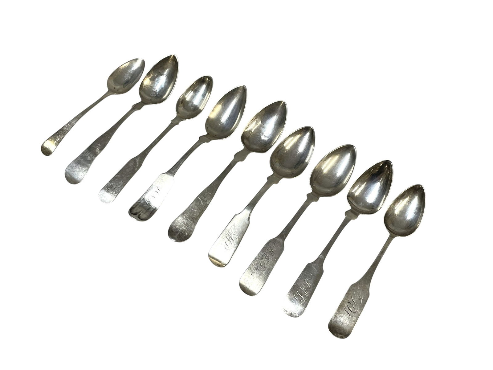 9 ANTIQUE AMERICAN COIN SILVER SPOONS: 9 Antique Coin Silver Spoons,Various Makers. Monogrammed. Longest is 6". Approximate silver weight 136 grams. PROVENANCE: The Perrin family, of French Huguenot origin, of Abbeville, Perrin Plantation