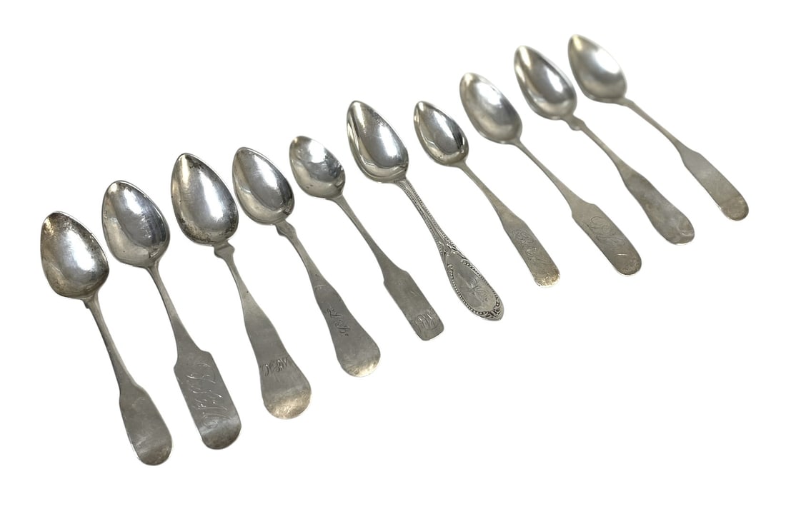 10 ANTIQUE AMERICAN COIN SILVER SPOONS: 10 Antique Coin Silver Spoons,Various Makers. Monogrammed. Longest is 6". Approximate silver weight 158 grams. PROVENANCE: The Perrin family, of French Huguenot origin, of Abbeville, Perrin Plantation