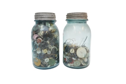 PAIR OF ANTIQUE LIGHT BLUE MASON JARS WITH BUTTONS