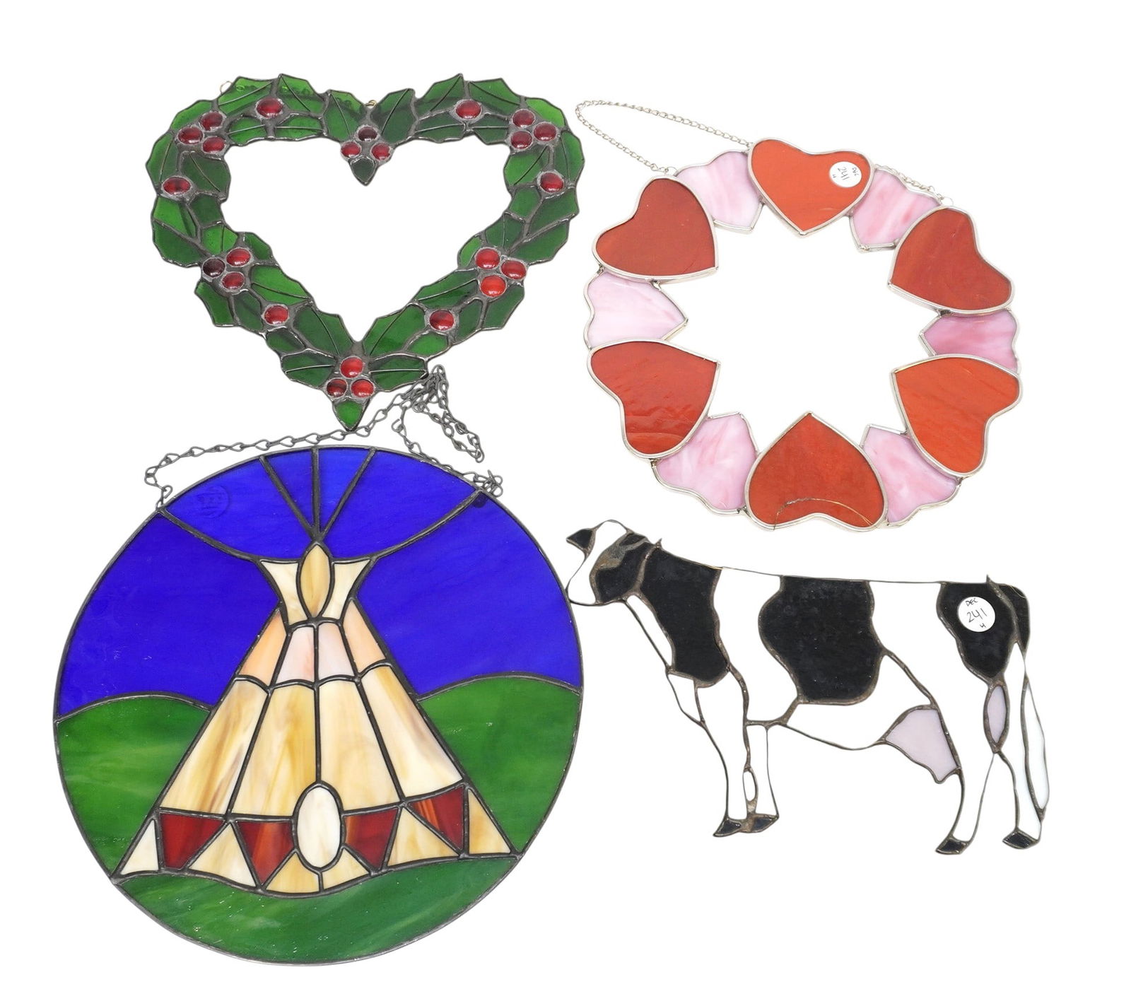 4 HANGING STAINED GLASS ART PIECES: 4 Hanging Stained Glass Art Pieces. Largest is Teepee which measures 10.5" in dia. Total lot weight is 3 lbs 11 oz.