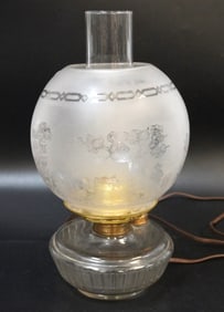 ANTIQUE ELECTRIFIED ETCHED GLASS OIL LAMP