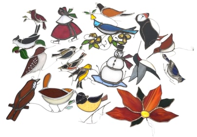 18 STAINED GLASS WINTER AND BIRD ORNAMENTS/HANGING PIECES