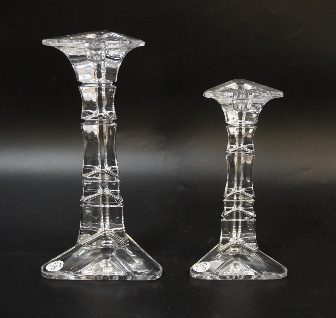 VINTAGE PAIR OF MARQUIS BY WATERFORD CANDLESTICKS: Vintage Pair of Marquis by Waterford Candlesticks. Larger measures 9.45" x 5", total lot weight is 3 lbs 13 oz. **In house shipping available on this lot**