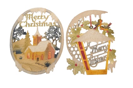 PAIR OF VINTAGE MID CENTURY EMBOSSED CHRISTMAS PAPER CUT OUTS