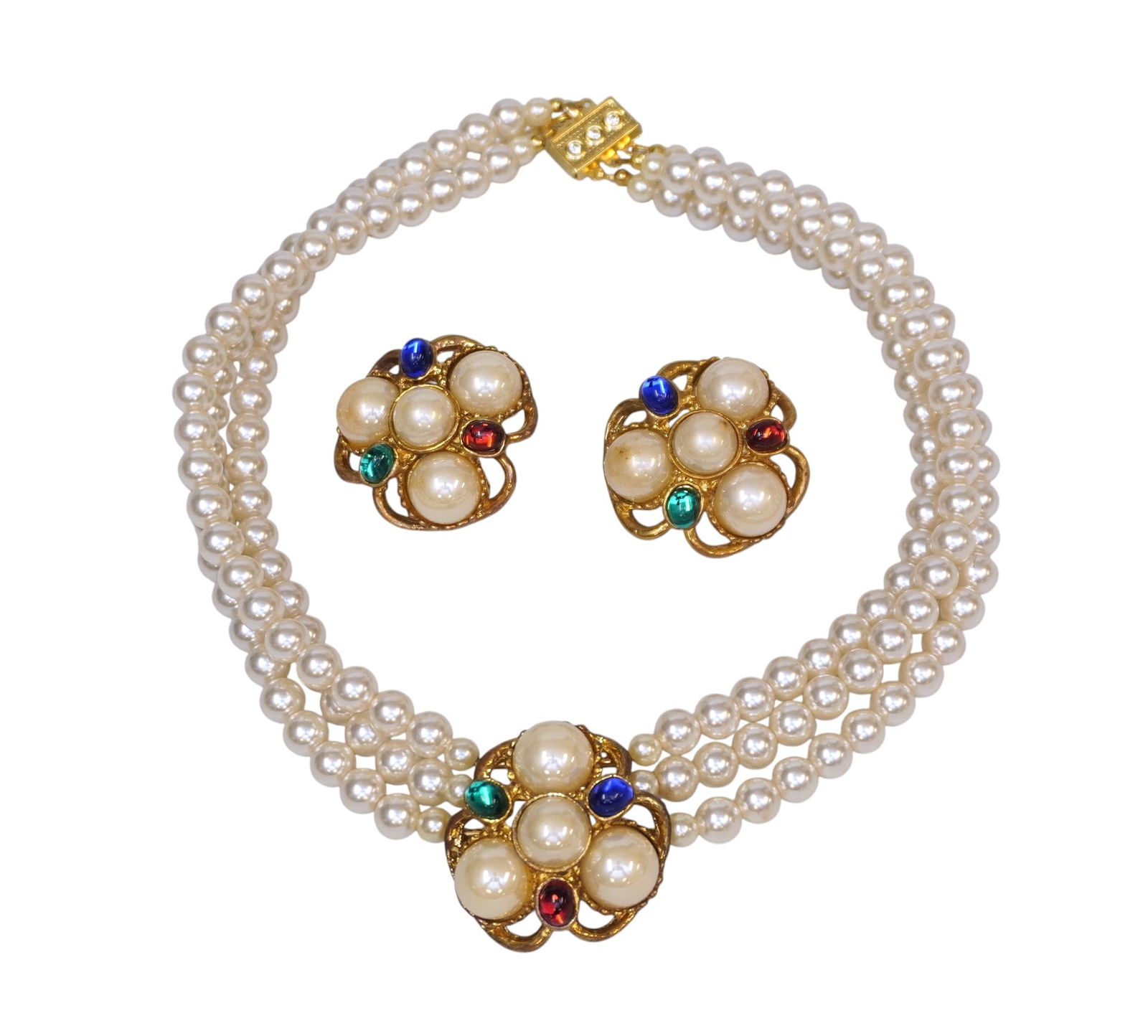 VINTAGE 1970-80s DEMI PARURE PEARL & LUCITE: Triple Strand Elegant Statement Costume Pearl Necklace with Lucite Cabochon Stones 19" opened and matching clip on Earrings 1 1/2". Weight 7 oz. PROVENANCE:The Historic 1798 John Burckmeyer House, 120