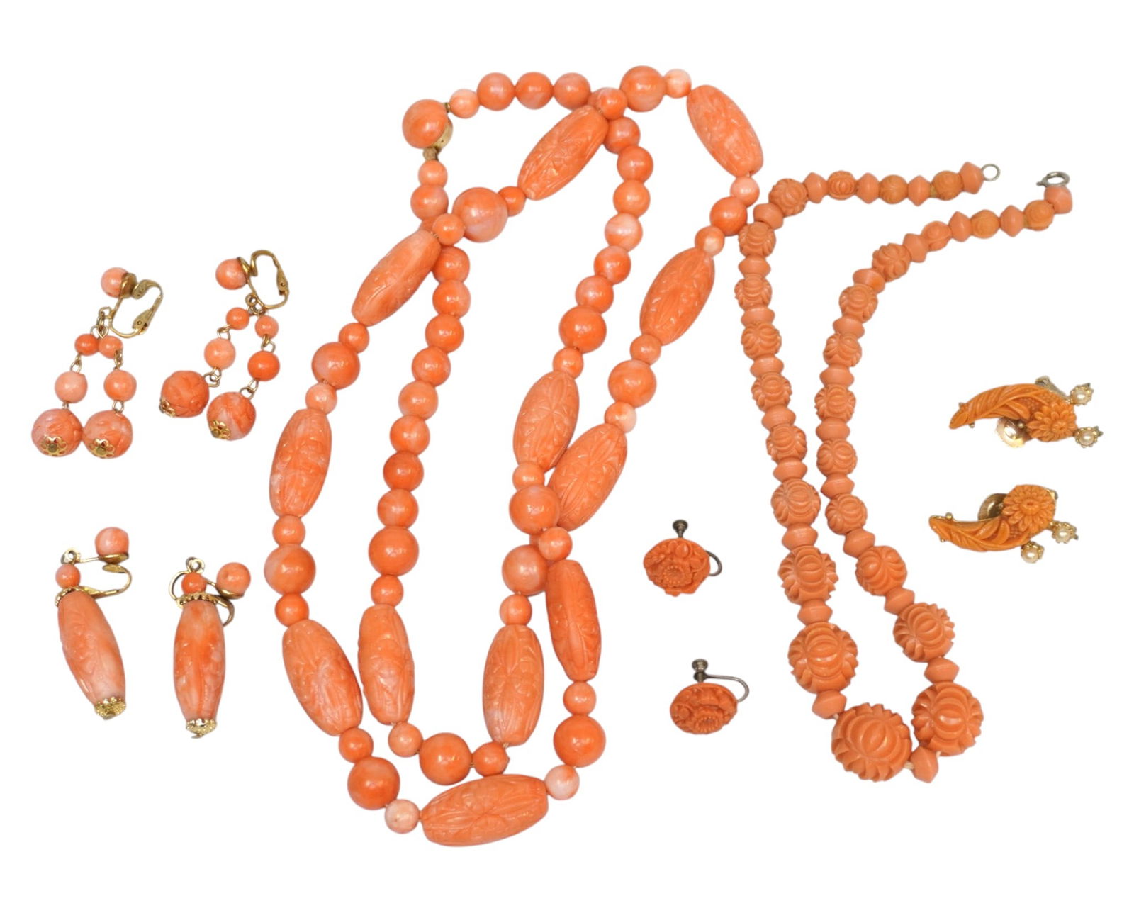 6 PC VINTAGE CARVED CORAL CELLULOID NECKLACES & EARRINGS (1 of 4)