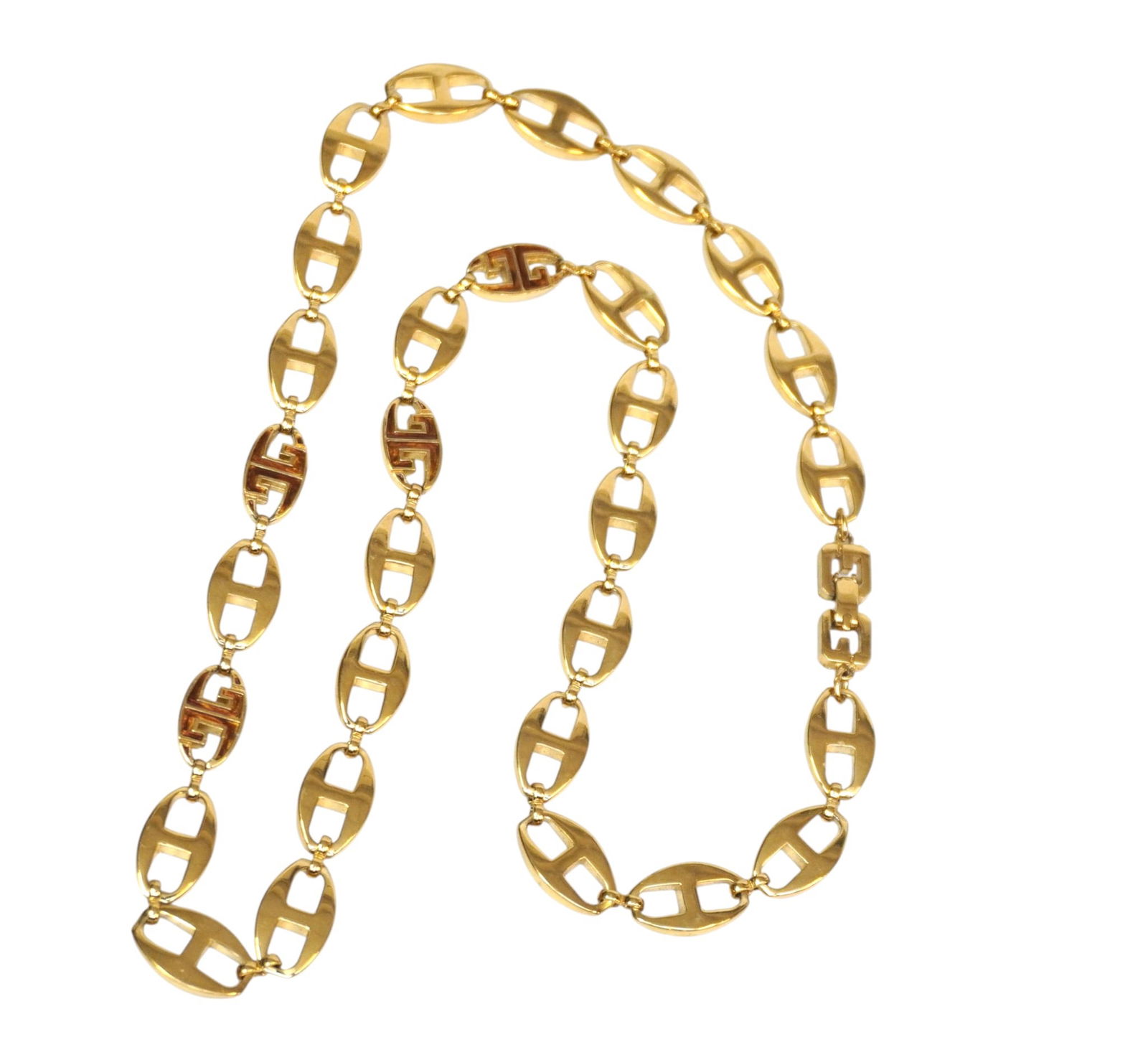 VINTAGE GIVENCHY GOLD PLATED G-LOGO NECKLACE: Vintage 1970s Givenchy Gold Plated G-Logo Necklace with enameled accents. Measures 23" opened. Weight 2 oz. PROVENANCE:The Historic 1798 John Burckmeyer House, 120 Wentworth Street, Charleston SC **In