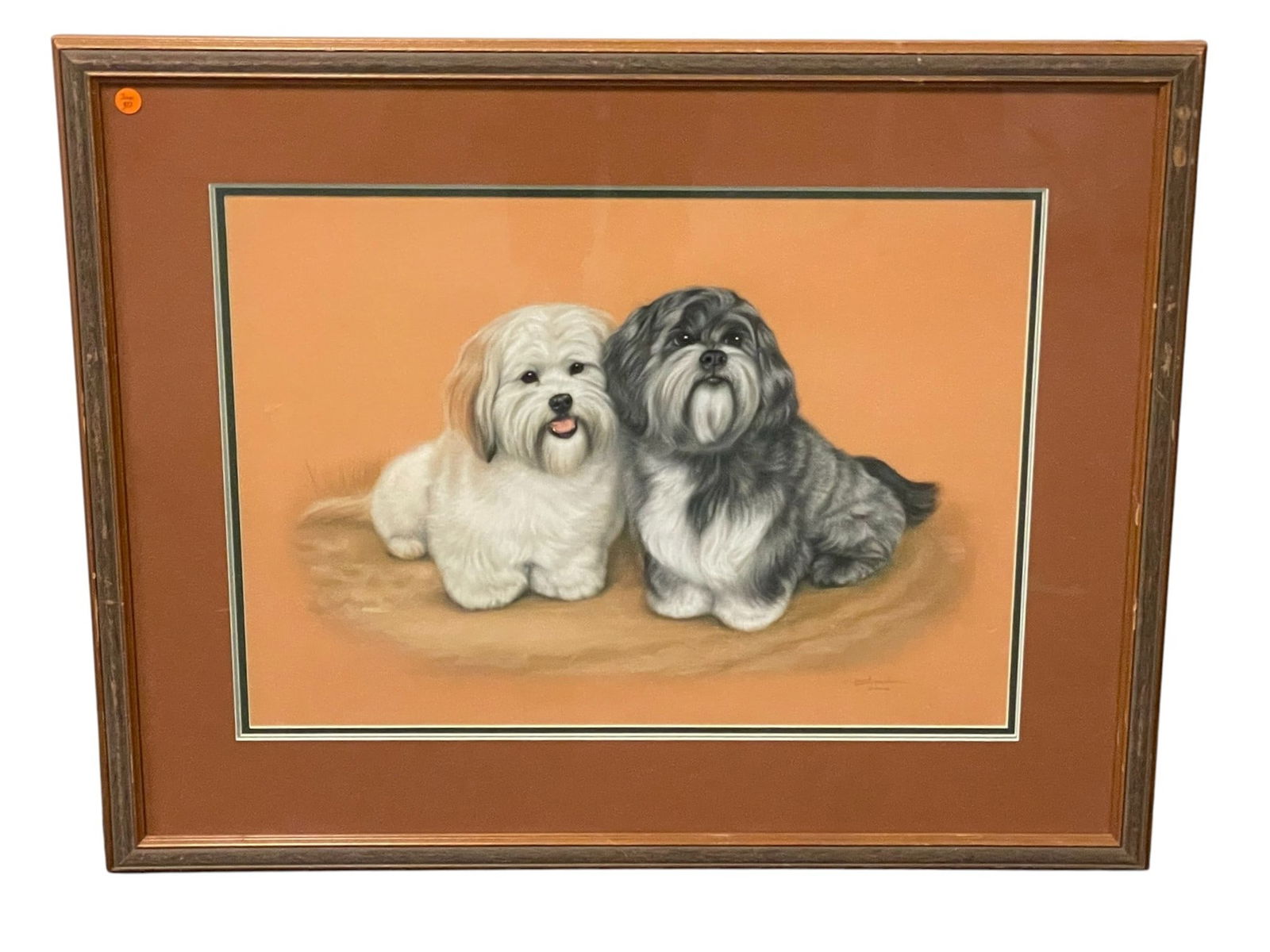 ORIGINAL PASTEL PORTRAIT 2 LHASA APSO DOGS: Original Pastel Portrait of two Lhasa Apso Dogs. Signed lower right and dated 2001. Signature illegible. Professionally framed and triple matted. In frame measures 26 1/2"x34"x1". Weight 11 lbs.