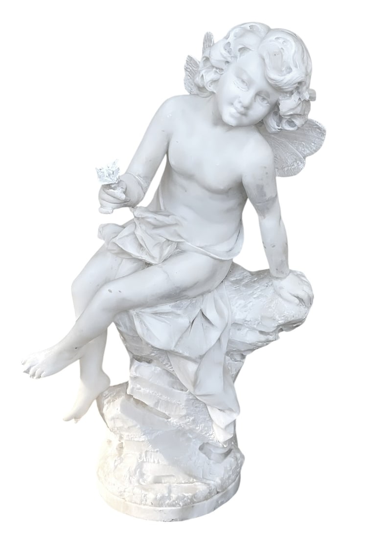 ANTIQUE ITALIAN CARVED WHITE MARBLE CHERUB / FAIRY: Antique Italian White Marble Seated Cherub / Fairy. Measures 14"x6"x22", Weight 50 lbs. Provenance: Gippy Plantation, Avenue of Oaks, Berkeley County, South Carolina **In house shipping available on t