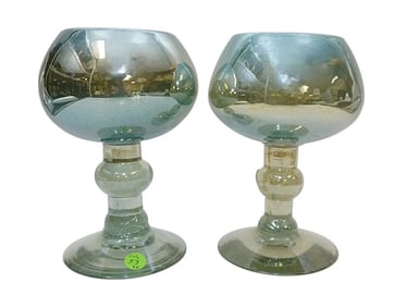 PAIR IRIDESCENT BLUE GREEN GLASS VESSELS