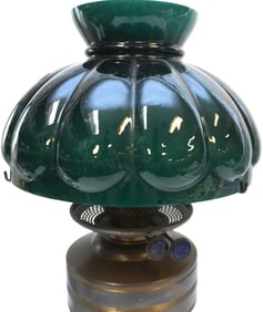 ANTIQUE BRASS DITMAR VIENNA OIL LAMP W GREEN GLASS SHADE