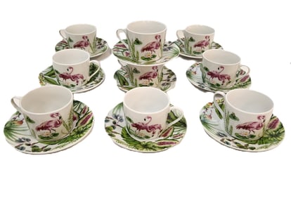 10 FLAMINGO TROPICAL CUPS & SAUCERS