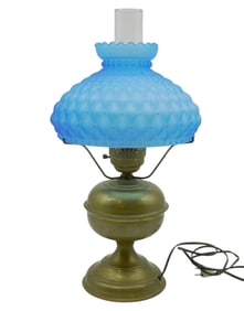 BRASS STUDENT LAMP WITH PUFFY SATIN GLASS SHADE