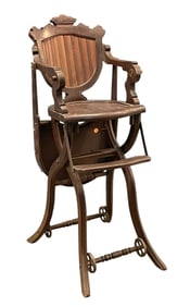 VICTORIAN METAMORPHIC OAK ORNATE HIGH CHAIR / STROLLER