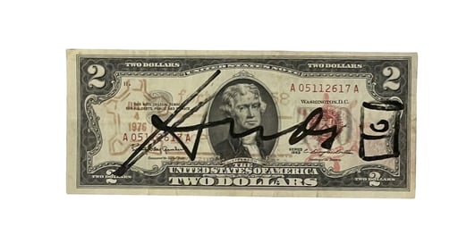 ANDY WARHOL SIGNED $2 BILL w SOUP CAN ILLUSTRATION